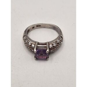JC 925 Sterling Silver Princess Cut Amethyst Pave Cubic Zirconia Ring Size 6.5